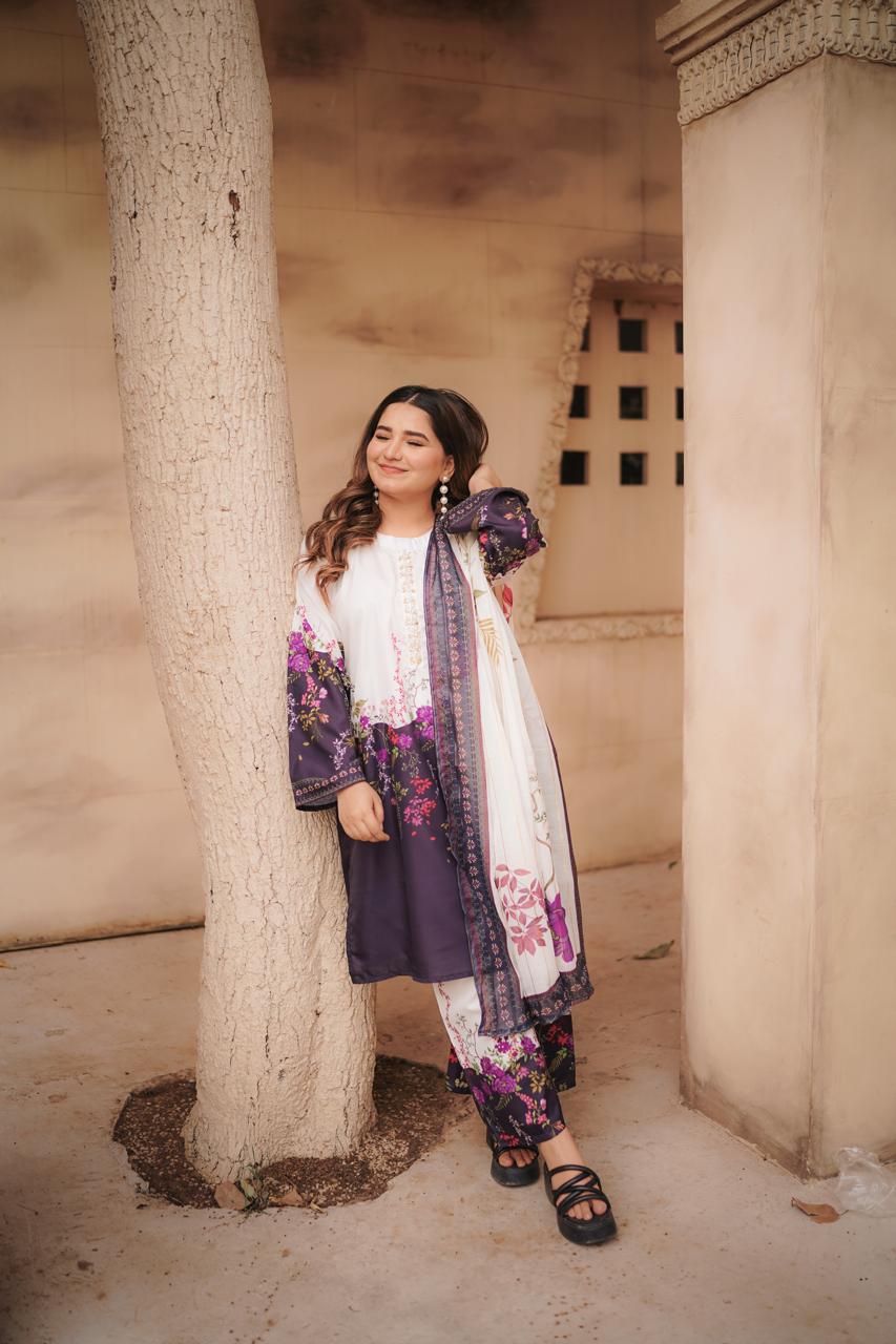 Printed 3-piece cord set with handwork & flapper