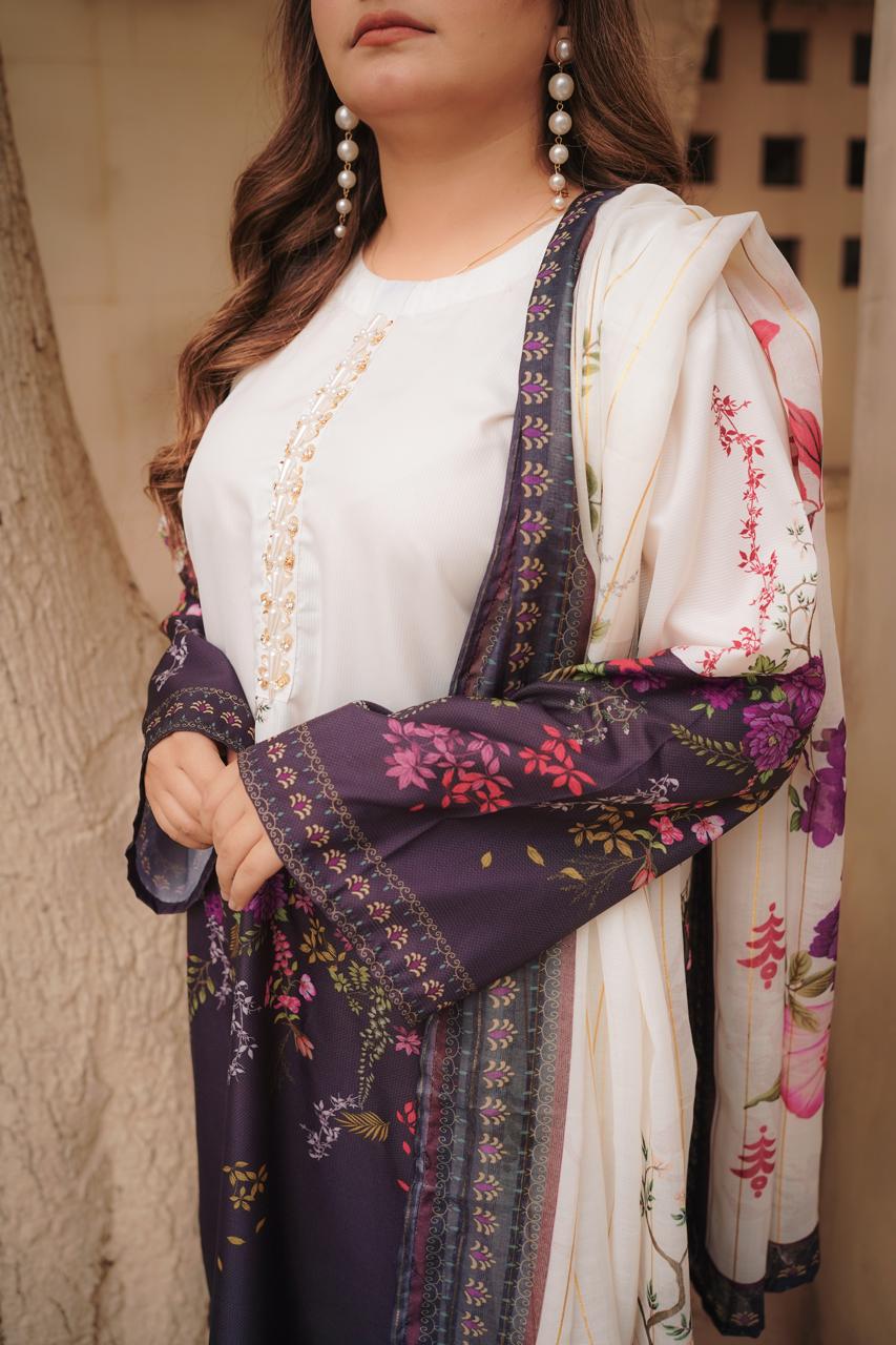 Printed 3-piece cord set with handwork & flapper